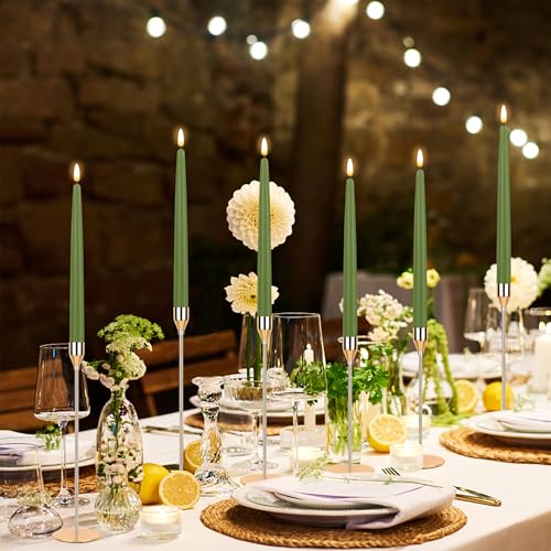 Image of CVHOMEDECO. Flameless Taper Candles with 10-Key Remote, Battery Operated Led Flickering 3D Wick Window Candles Real Wax Finished Home Christmas Party Decor 0.78 x 11 Inch, Pack of 2, Sage Green
