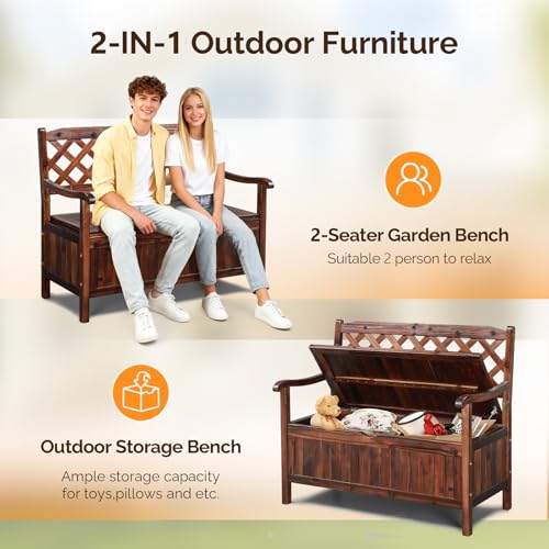Image of VINGLI Outdoor Storage Bench, Large Wood Deck Box with Seating, Weatherproof Outdoor Bench with Storage Loveseat, 2-Person Wooden Patio Bench for Entryway, Backyard, Garden