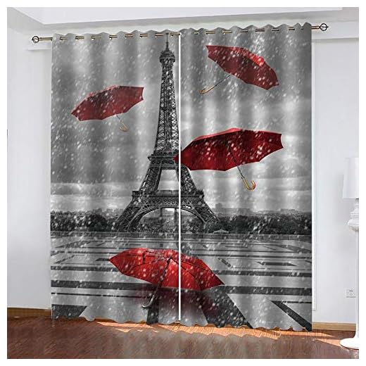 QWEFGDF Mörkläggningsgardin supermjuk värmeisolerade fönsterbehandling draperier för sovrum vardagsrum barnkammare, B 117 x L 137 cm rött paraply under tornet