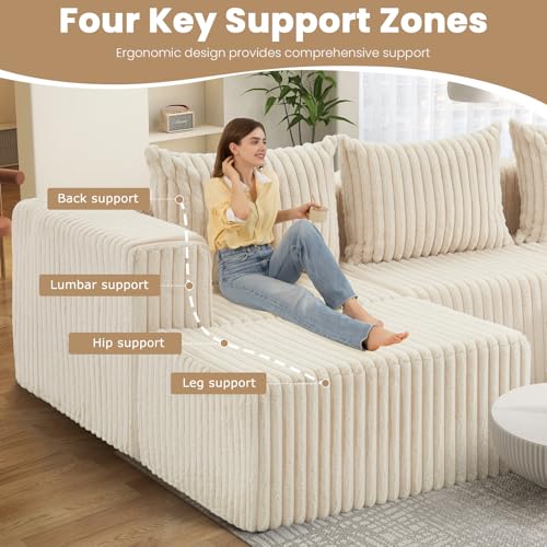 PATAVOT 104 Inch Cloud Couch Sectional,Corduroy Boneless Couches for Living Room,L-Shaped Modular Sectional Sofa with Removable Ottoman and Deep Seat,No Assembly Required,Beige — view 5