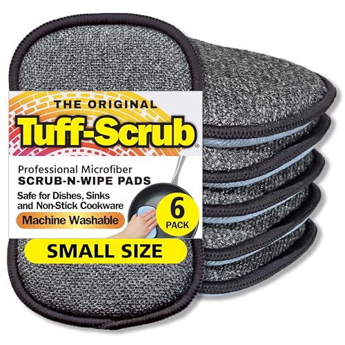 Original Scrub-N-Wipe Pad by Tuff-Scrub, 6-Pack, Microfiber, Multi-Surface, Non-Scratch, Dual-Sided, Scrubber for Dishes, Sinks, Non-Stick Cookware – Machine Washable, Durable Kitchen Sponge (Small)
