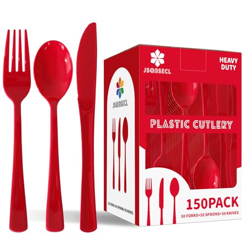 150 Pack Plastic Silverware Disposable Cutlery Set Heavy Duty Utensil Sets 50 Forks 50 Knives 50 Spoons for Brithday Wedding Home School Party Picnics Restaurant Outdoor Events (Red)