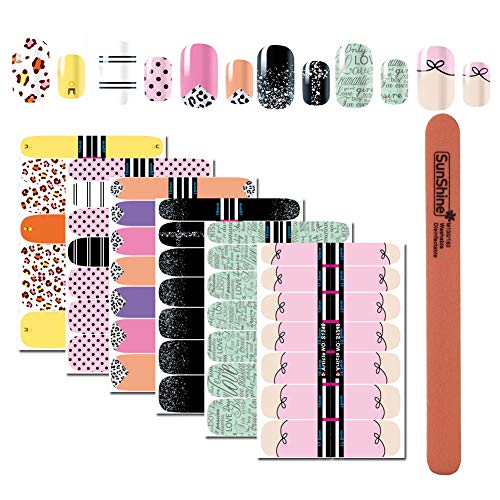 WOKOTO 6Pcs Nail Polish Stickers Decals Wraps Self Adhesive Leopard Print Dotting Letters Design Nail Art Polish Strips With 1Pc Nail Buffers Files