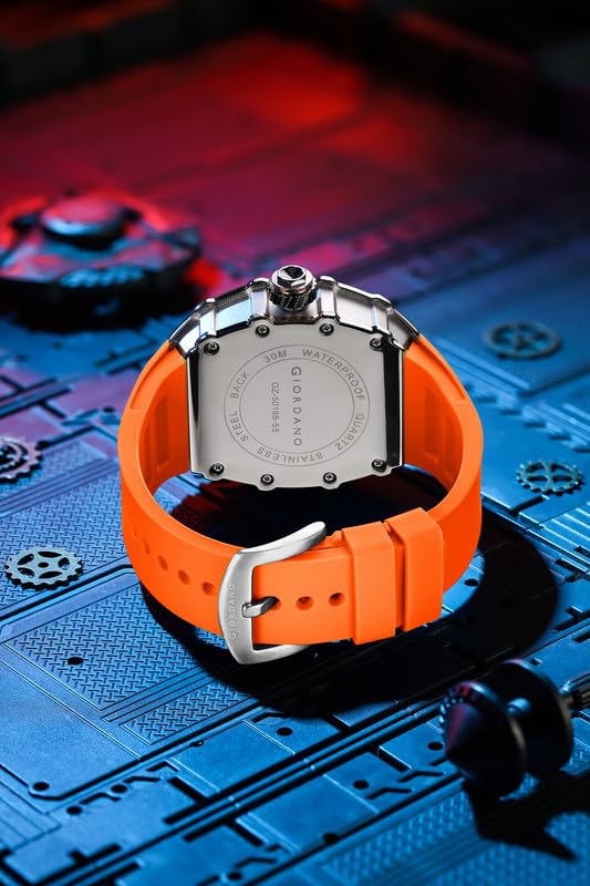Image of Giordano Analog Skeleton Dial Watch for Men - Tonneau Case, Silicone Strap, Open-Gear Sport Design, Quartz Movement