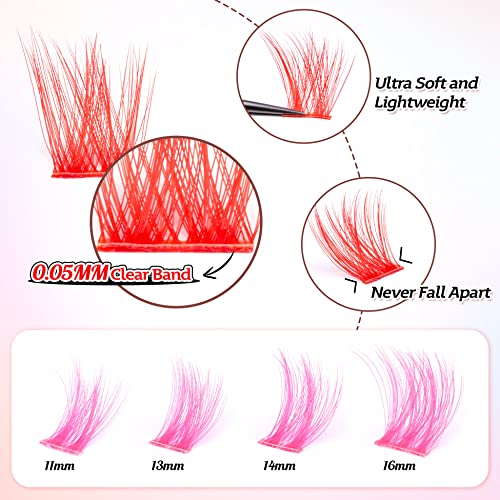 Colored Lash Clusters Mixed Lengths Clear Band Wispy Fluffy Diy Eyelash Extension Individual Lashes 64 Pcs Pack 4 Colors Pink White Blue Red For Daily Halloween #TOP2