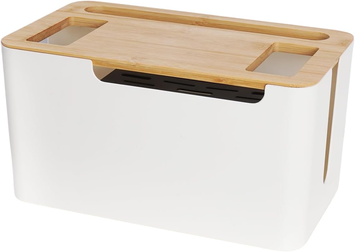 Kabelbox Mit Bambusdeckel 32x13,5x12,5cm - Organizer Für Steckdosen & Kabelmanagement
