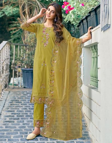Image of SIRIL Women's Rayon Viscose Sequence Embroidery Work Straight Kurta Pant with Dupatta Set