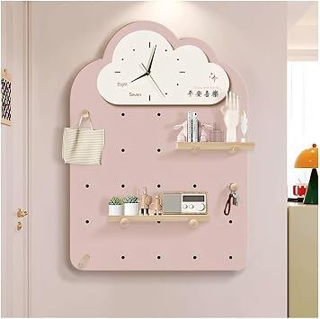 LXHELIVERY Wall Mounted Pegboard Organizer with Cloud Clock, Combination Kit, Multi-Functional Entryway Storage Shelves D for Living Room, Hallway DecorPink,43x60 cm