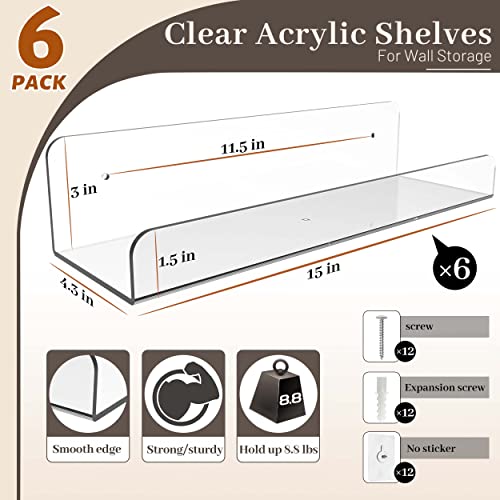6 Pack 15\" Clear Acrylic Shelves Display Ledge for Wall Storage, Acrylic Floating Shelves Wall Mounted for Kids Bookshelf, Bedroom, Living Room, Bathroom, Kitchen. - Thumbnail 3
