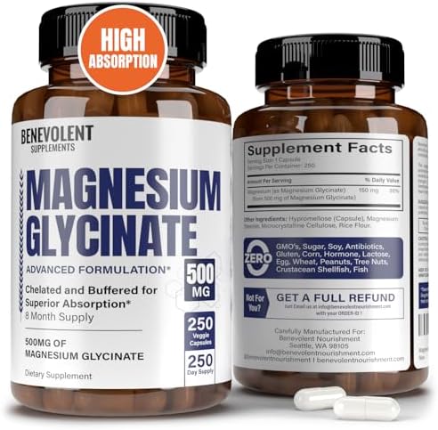 Premium Magnesium Glycinate 500mg Capsules High Absorption Formula Chelated Buffered Glycinate to Support Digestion, Bone, Sleep & Muscle Health - Made in USA - 250 Capsules