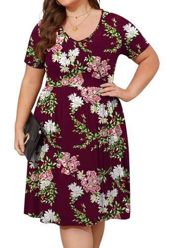 Image of DB MOON Women Plus Size Dresses 2026 Summer Casual V Neck Short Sleeve Knee Length Dress with Pockets