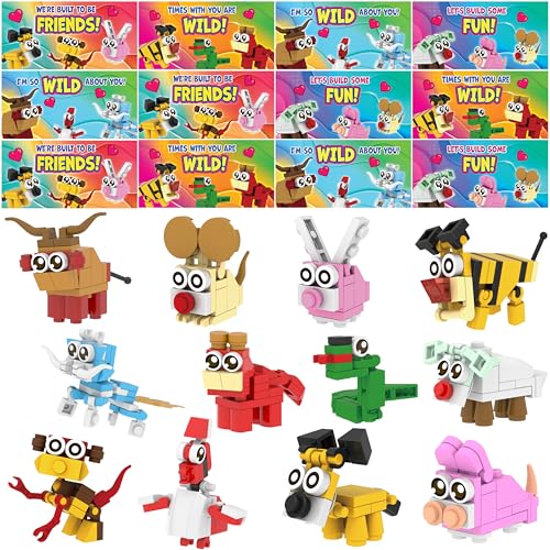 JOYIN 24 Packs Valentines Day Gift Cards with Animal Building Blocks for Party Favor Toy, Valentine's Classroom Exchange, Kids Classroom School Prize