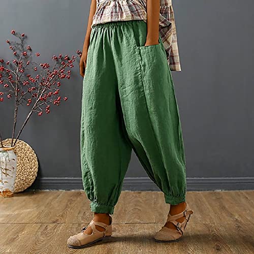 Women Casual Beam Foot Pants Elastic Waist Loose Lounge Cotton Linen Trousers Plus Size Solid Harem Pant with Pockets2