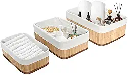 Kit com 3 Cestos Organizadores Feito de Bambu Cor Claro. Perfeito Para Banheiros, Armários, Lavanderias, Entre Outros. Bonito e Elegante (Bege - Grande)