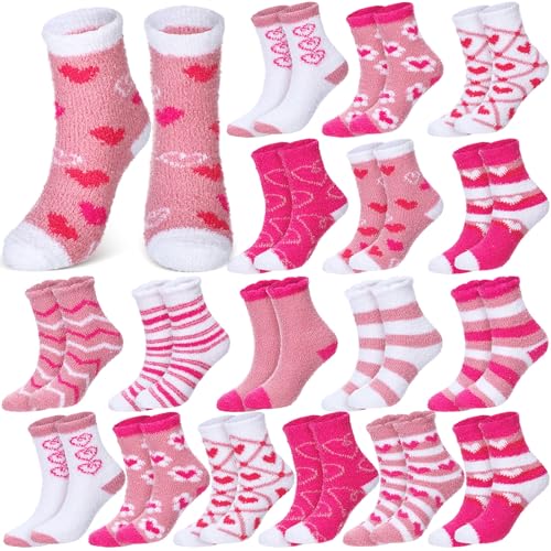 18 Pairs Valentine's Day Fuzzy Socks for Women in Bulk Cozy Red Pink Heart Socks Fluffy Galentines Day Gifts Bulk