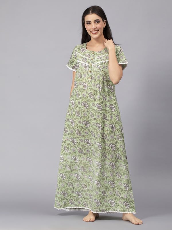 Image of NIHSAMAH Cotton Nighty for Women - Premium Printed Long Night Gown with Pocket, Comfortable & Fancy Sleepwear /Nightwear