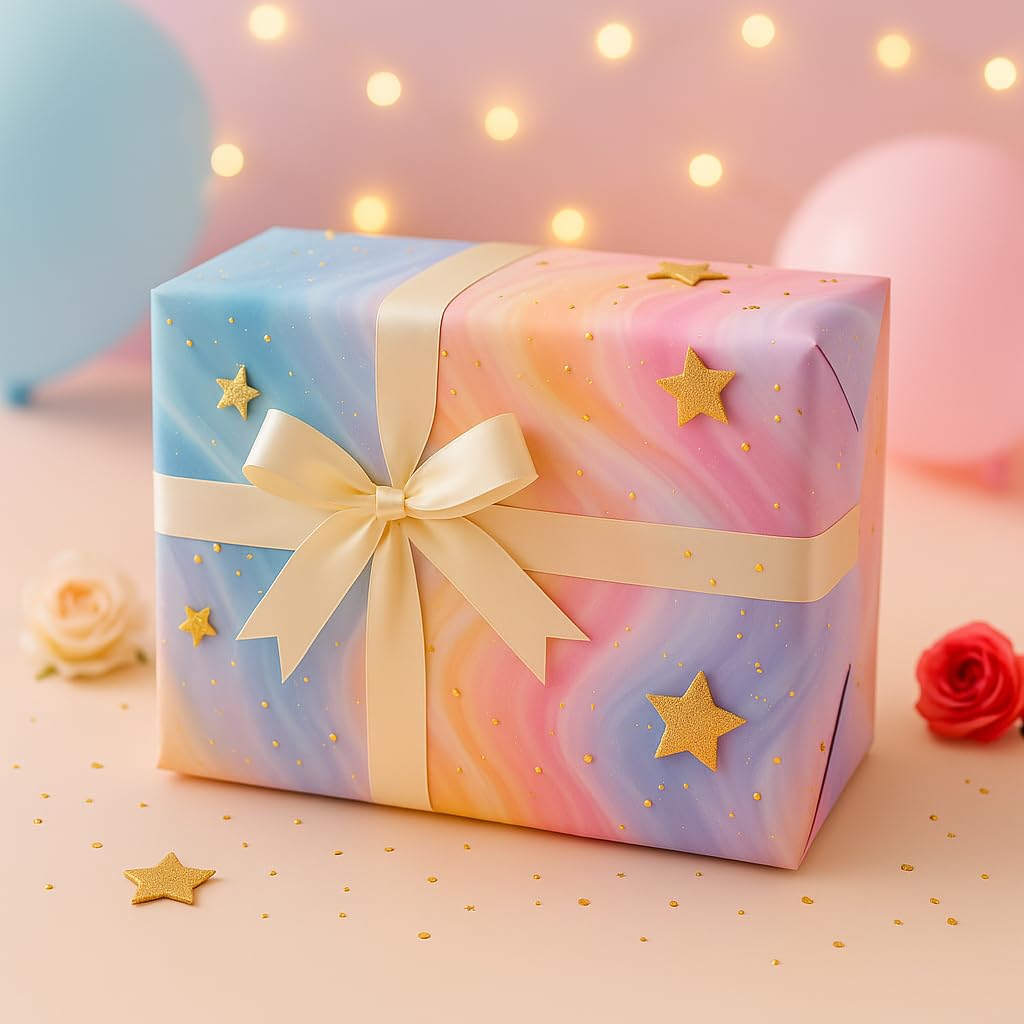 Pack of 20 Pastel Star Gift Wrapping Paper Sheets with 20 Name Tags & 20 Ribbons – WYOG Premium Large Size Gift Paper for Birthday, Kids & Festive Gifting-image-29