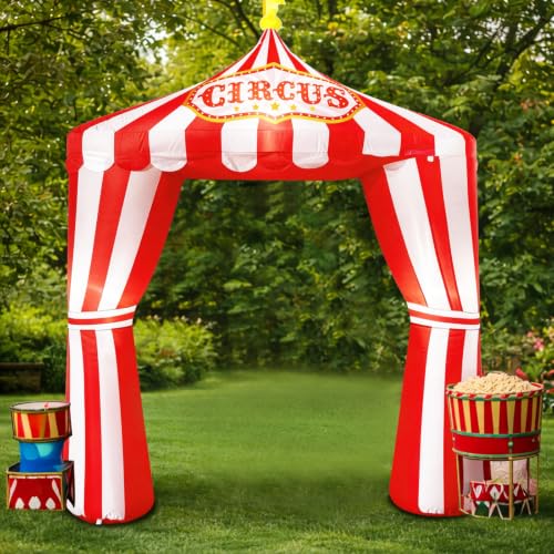 10ft Carnival Circus Tent Party Decorations Red and White Striped Inflatable Arch with Build in LED Lights Blow Up Tent for Circus Carnival Halloween Themed Birthday Party Decorations