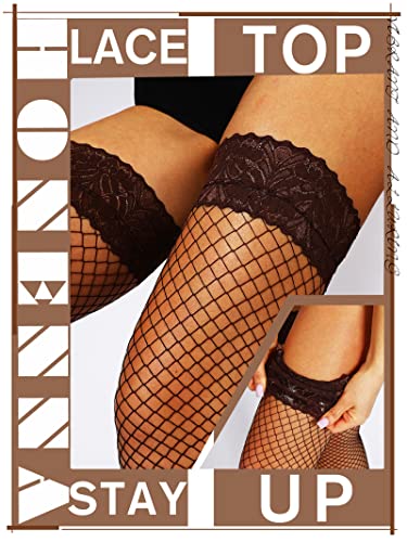 Image of HONENNA Fishnet Thigh High Stockings, 20+ Colors Silicone Lace Top Stay Up Nylons Tights for Woman, Size A-D