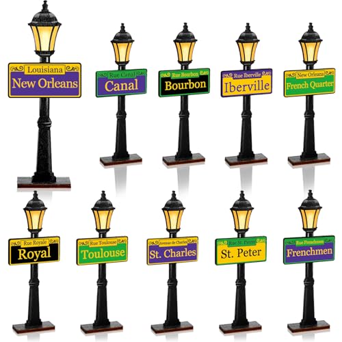 10Pcs Mardi Gras Decorations 8 Inch New Orleans Street Sign Lamp Post Wooden Table Centerpieces Mardi Gras Street Party Supplies for Friend Birthday Masquerade Party Carnival Theme Decoration