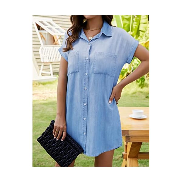 Zilcremo Women Summer Short Sleeve Chambray Denim Shirt Dress Jean Dresses Button Down Shirts Top - Image 5