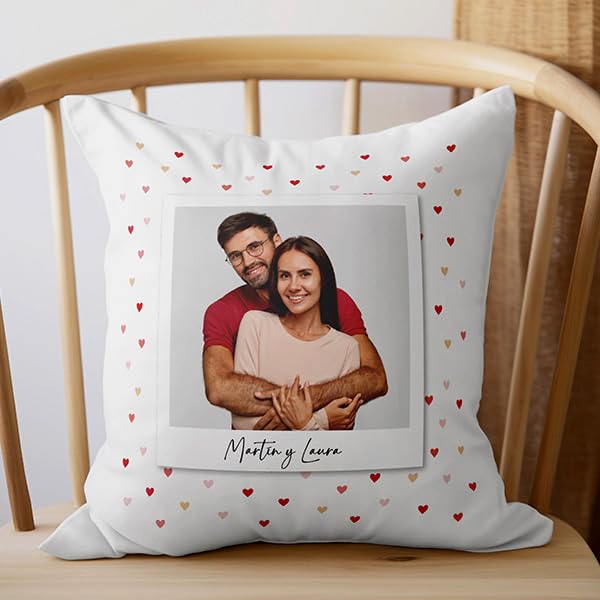 Transparent Gift Cojín Personalizado con Foto Polaroid y Corazones. Cojines Personalizados con Fotos. San Valentín. Funda con o Sin Relleno. Regalos Originales para Novio, Novia o Pareja. Almohada.