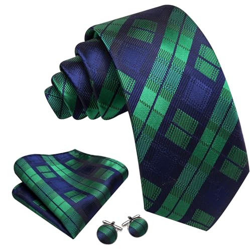 Image of Barry.Wang Plaid Ties Check Mens Necktie Set with Handkerchief Cufflinks Classic Stripe