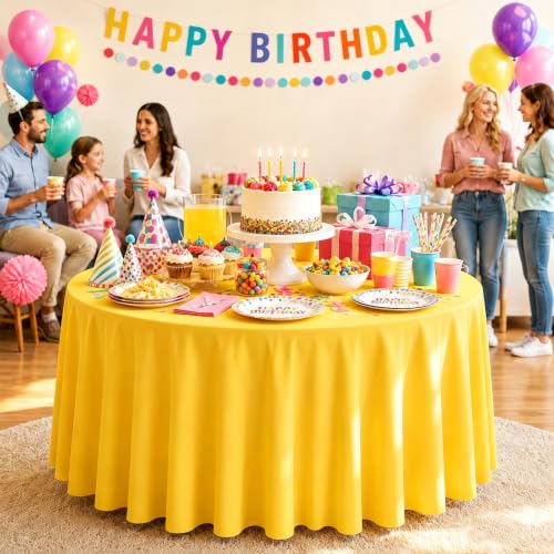 Image of WNINK 4 Pack Yellow Round Tablecloth, 84 Inch Disposable Plastic Table Covers, Yellow Round Table Cover for Birthday Parties, Holiday, Picnic, BBQ, Family Gathering Party Supplies