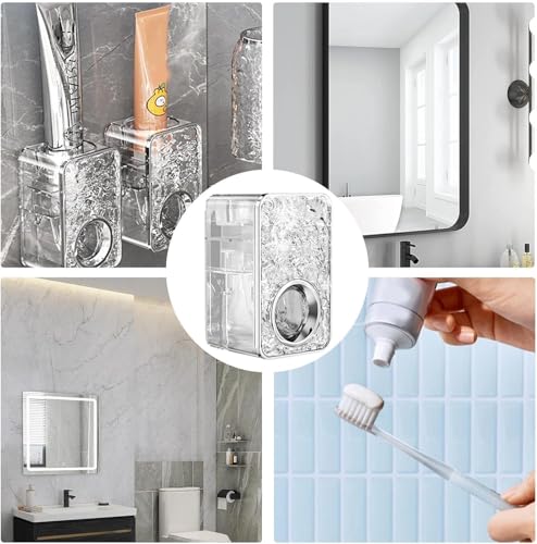 Image of Wall Mounted Toothpaste Dispenser with Toothbrush Holder - Transparent ABS Plastic, No-Drill Adhesive Installation, Waterproof & Space-Saving Bathroom Organizer (2 Cup Holder + THD)