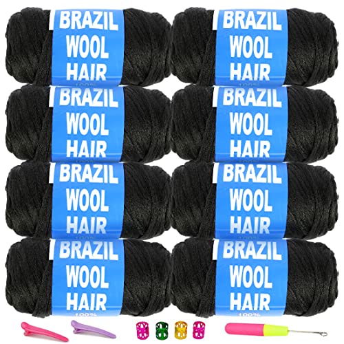Brazilian Wool Hair Yarn for Braids 100% Brazilian Wool Hair Acrylic Yarn for African Braids/Spring Twist/Faux Locs/Wraps with Crochet Hook(8 Roll Natural Black)