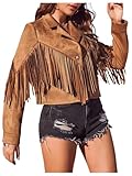 WDIRARA Women's Fringe Faux Suede Open Front Jacket Western Concert Long Sleeve Outerwear Brown Small