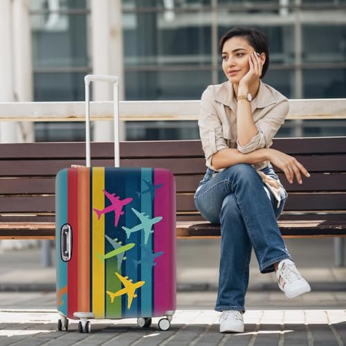 Image of Colorful Airplane Pattern Luggage Cover - Multicolor Stripe Travel Suitcase Protector with Fun Flight Design - Fits 28 to 30 Inch Luggage,L