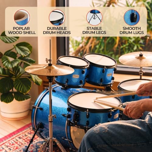 Image of ARCTIC CRONOS 22 inch 5 Piece Acoustic Drum Kit - Blue | with Cymbals, Drum Throne, Hardware & Drum Sticks | Complete Drum Set for Beginners, Adults & Professional Drummers