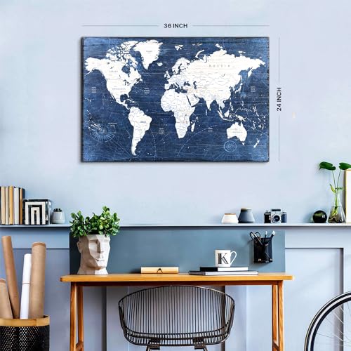 Image of Large World Map Wall Art Office Wall Decor Retro Blue World Maps for Living Room Decorations, Vintage Modern Map of World Poster Canvas Prints Painting Men Bedroom Artwork Framed Home Decor 24x36 inch