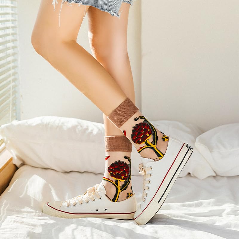 Image of 6 Pairs Women Floral Sheer Socks Elastic See Through Mesh Lace Jacquard Transparent Socks, 5-7.5