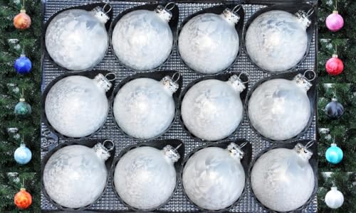 Jack 12x Glas Eislack Christbaumkugeln 6cm Thüringer Weihnachtskugeln Kugeln, Farbe:Weiß Eislack