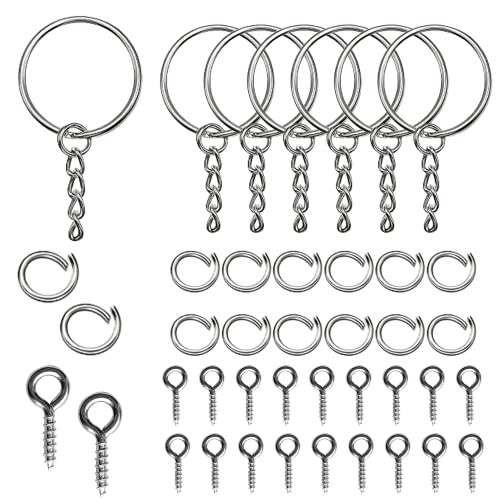 Key Chain Kit,URSMART 100PCS Keychain Craft Supplies with 100PCS Jump Rings and 100PCS Screw Eye Pins,Keychain Bulk Wholesale for Craft DIY Pendant Making(White K/25mm)