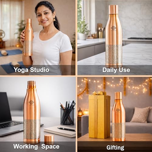Image of INDIAN ART VILLA Pure Copper Water Bottle, Half Embossed Lacquer Coated Bottle for Drinking Water, Ayurvedic Health Benefits, Leak Proof Bottle for Home, Office, Travel & Gifting, 1150 ML