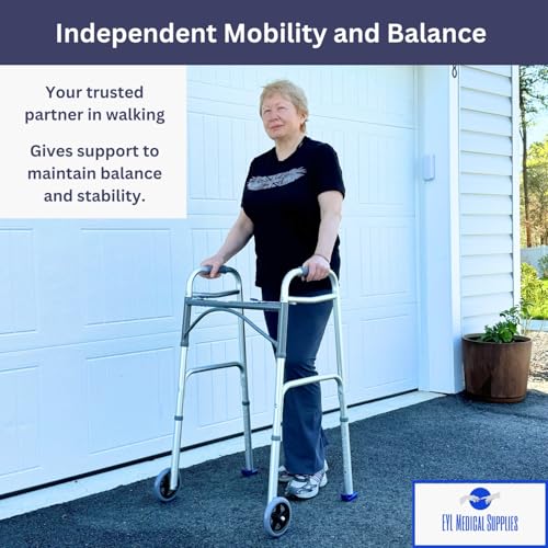 Foldable Lightweight Two Button Walker with 5” Wheels, Includes Ski Glides - Folding Design Ideal for Seniors and Elderly Adults - Adjustable for Tall Men and Women - Standing Handicap Mobility Aids - Thumbnail 7