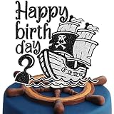 Black Glitter Pirate Ship Cake Topper - Pirate Theme Party, Captain Birthday Party, or Nautical Them