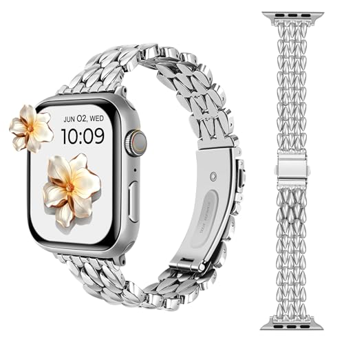 AoYi Acier Inoxydable Bracelet Femme Compatible avec Apple Watch 38mm 40mm 41mm 42mm, Luxe Rechange Métal Sangle pour iWatch Séries 10 9 8 7 6 5 4 3 2 1 SE SE2, Argent