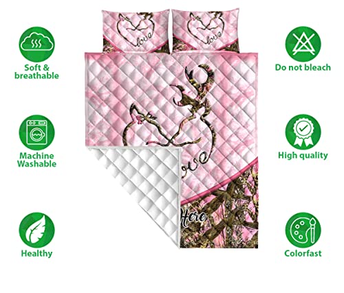 Custom Deer Couple Heart Pink Camo Pattern Gift For Couple Personalized Name Quilt Blanket & Pillowcases, Quilts Bedding Set & Pillow Cover, King Queen Double Twin Throw Full Size Bedspread Bed Sets #TOP1
