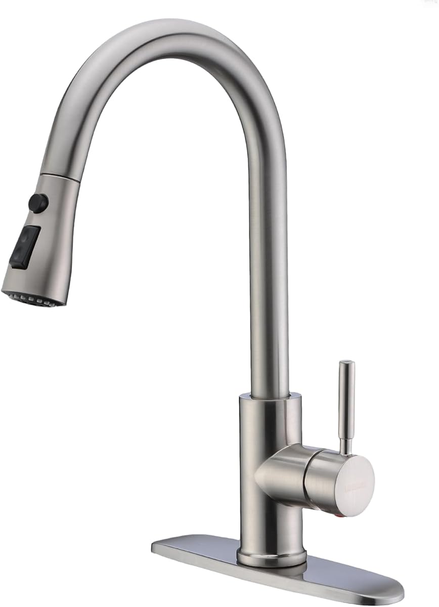 WEWE Single Handle High Arc Brushed Nickel Pull Out Kitchen Faucet,Single Level Stainless Steel Kitchen Sink Faucets with Pull Down Sprayer,Suitable for Laundry Rv Bar