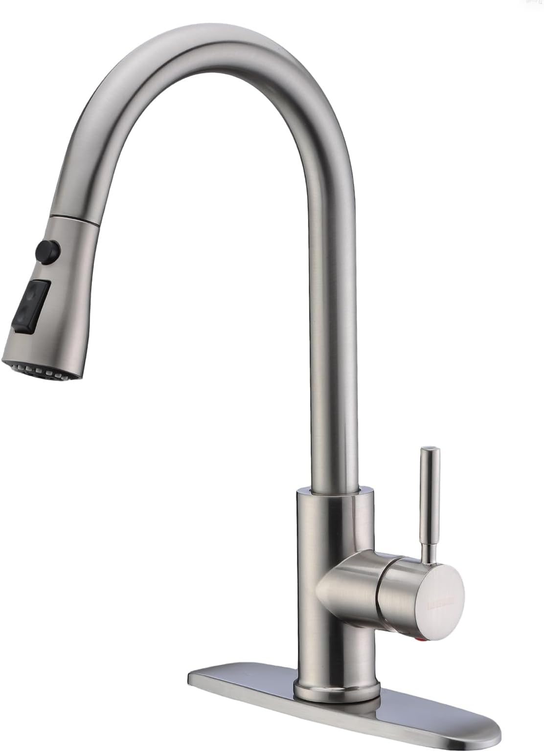 Single Handle High Arc Brushed Nickel Pull Out Kitchen Faucet,Single Level Stainless Steel Kitchen Sink Faucets with Pull Down Sprayer