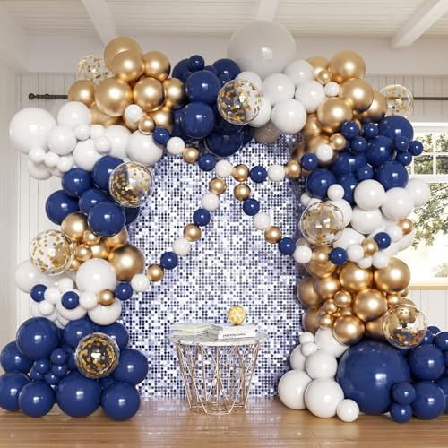 Navy Blue and Gold Balloons Arch Kit, 162pcs Different Sizes with Navy Blue White Chrome Gold Confetti Balloons for Graduation 2025 Anniversary Baby Shower Birthday Party Decorations