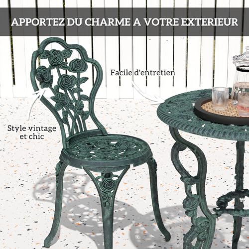 Outsunny Ensemble Salon de Jardin 2 Places 2 chaises + Table Ronde Style néo-rétro Motif Rose Lignes fuselées Fonte d'aluminium Vert Vieilli – Image 5