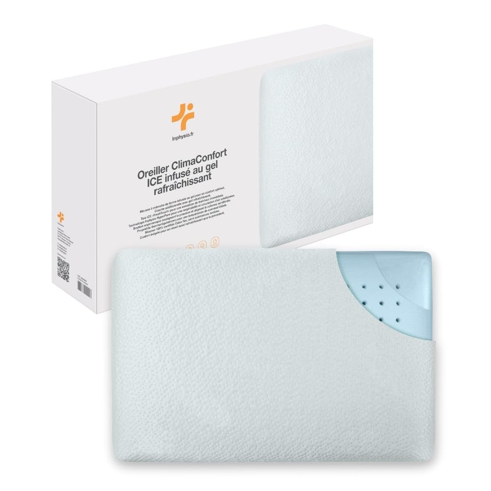 Inphysio ClimaConfort Ice Pillow - Almohada de Espuma viscoelástica con Gel refrescante - Almohada ergonómica - Innovadora Funda de Almohada de Tela Ice - para Dormir de Lado y Boca Arriba - Blanco