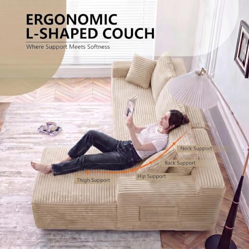 Image of 94.5 inch L Shaped Boneless Sectional Corduroy Couches for Living Room (Camel)