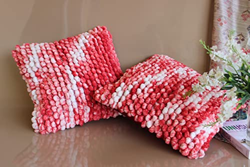 Image of Monstera Hut Boho POM POM Red Velvet Cushion Cover Pack of 2, (Cushion Cover 16x16inch) (40.6 x 40.6 cm)