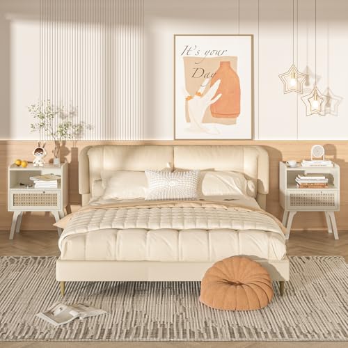 Image of Lerliuo Rattan Nightstands Set of 2, Side Table with Drawer Open Shelf | Cane Accent Bedside End Table, Mid Century Modern Night Stand for Bedroom, Dorm and Small Spaces (Grey White)